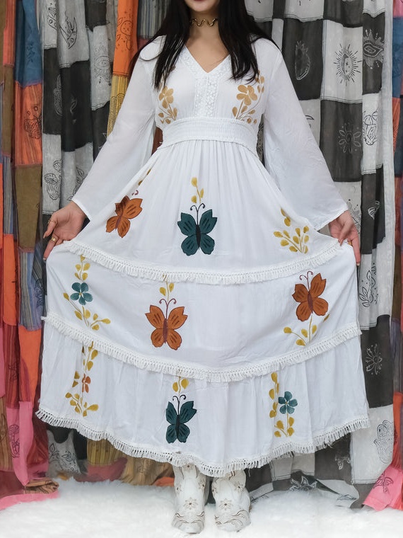 Butterfly Tiered Maxi Dress with Bell Sleeves