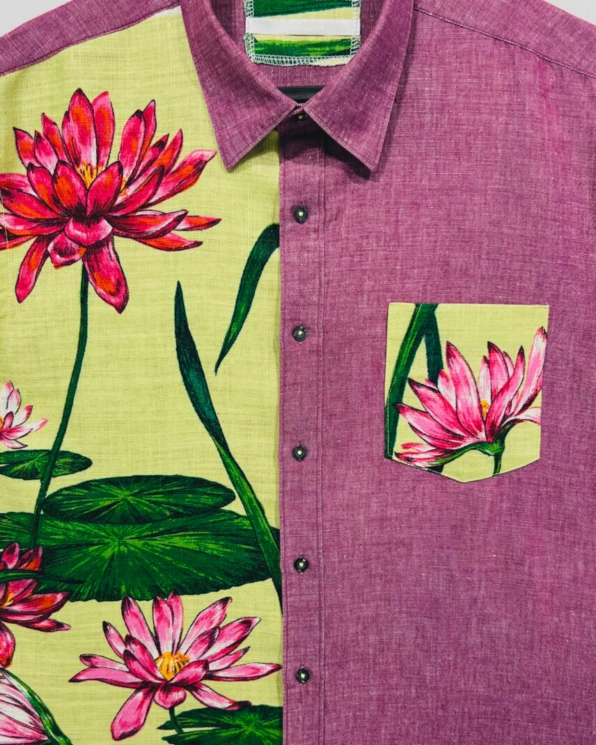 Water Lily Color‑Block Cotton Linen Short Sleeve Shirt