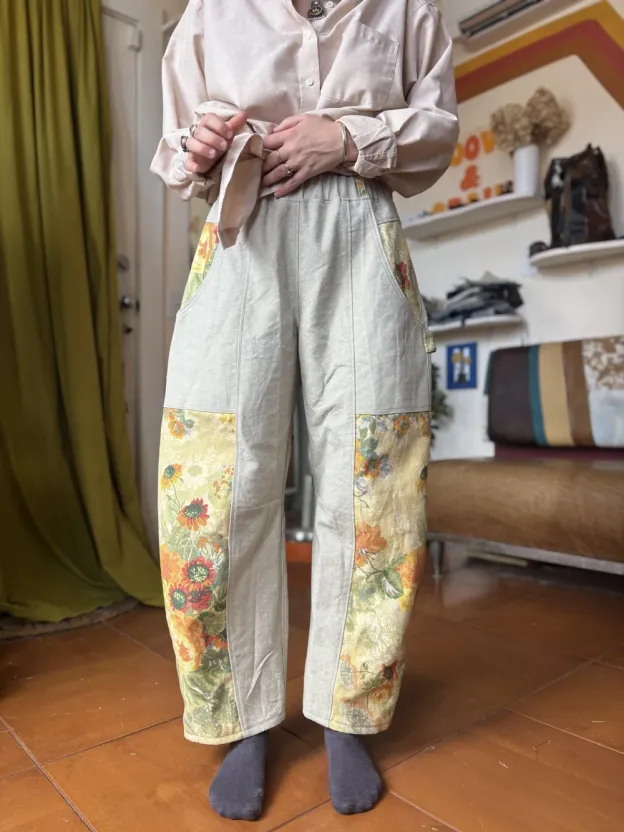 Vintage Sunflower Patchwork Elastic Waist Pants