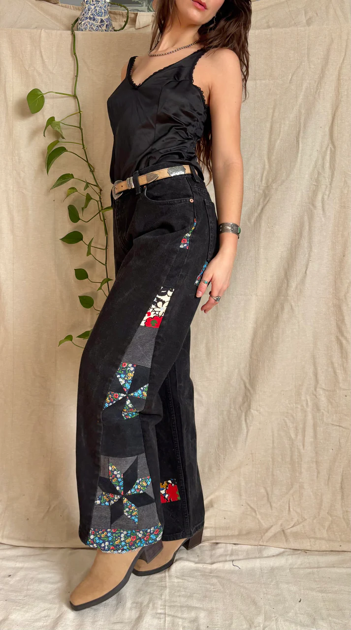 Black Floral Star & Pinwheel Jeans