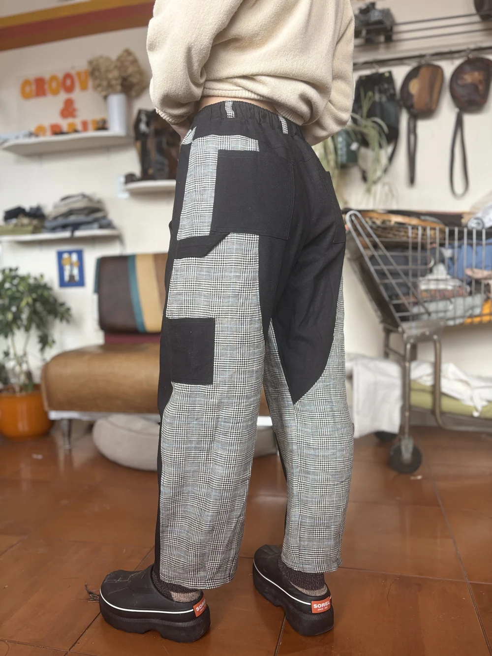 Curry Pants- Black and Plaid Linen Mix