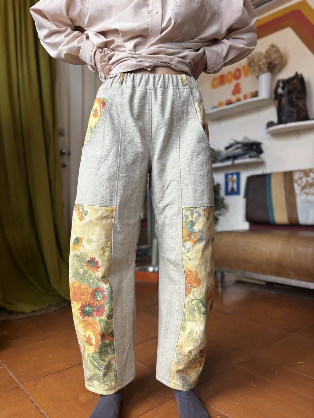 Vintage Sunflower Patchwork Elastic Waist Pants
