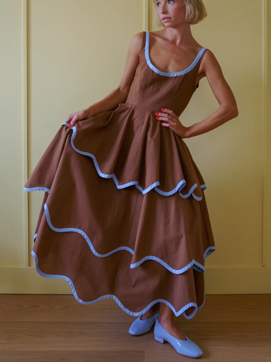 The Millie Dress in Saddle Brown and Sky Blue