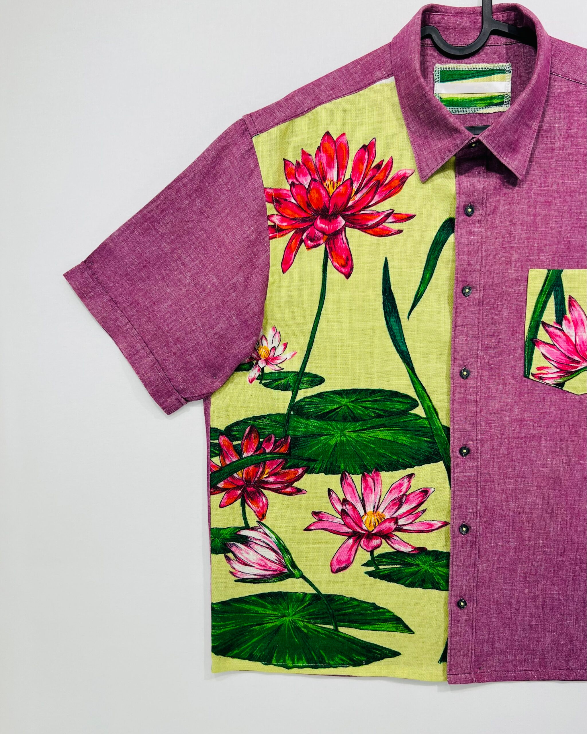 Water Lily Color‑Block Cotton Linen Short Sleeve Shirt