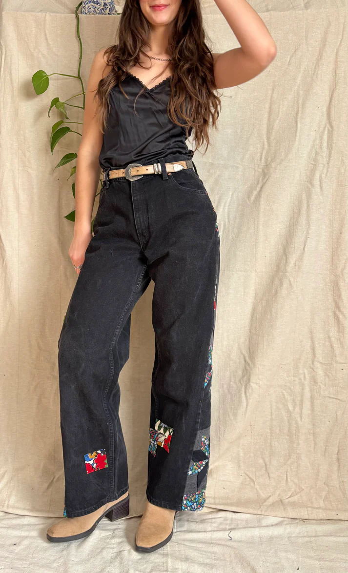 Black Floral Star & Pinwheel Jeans