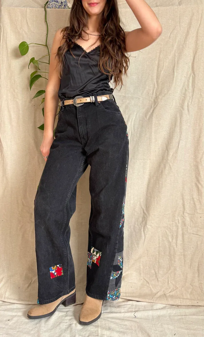 Black Floral Star & Pinwheel Jeans