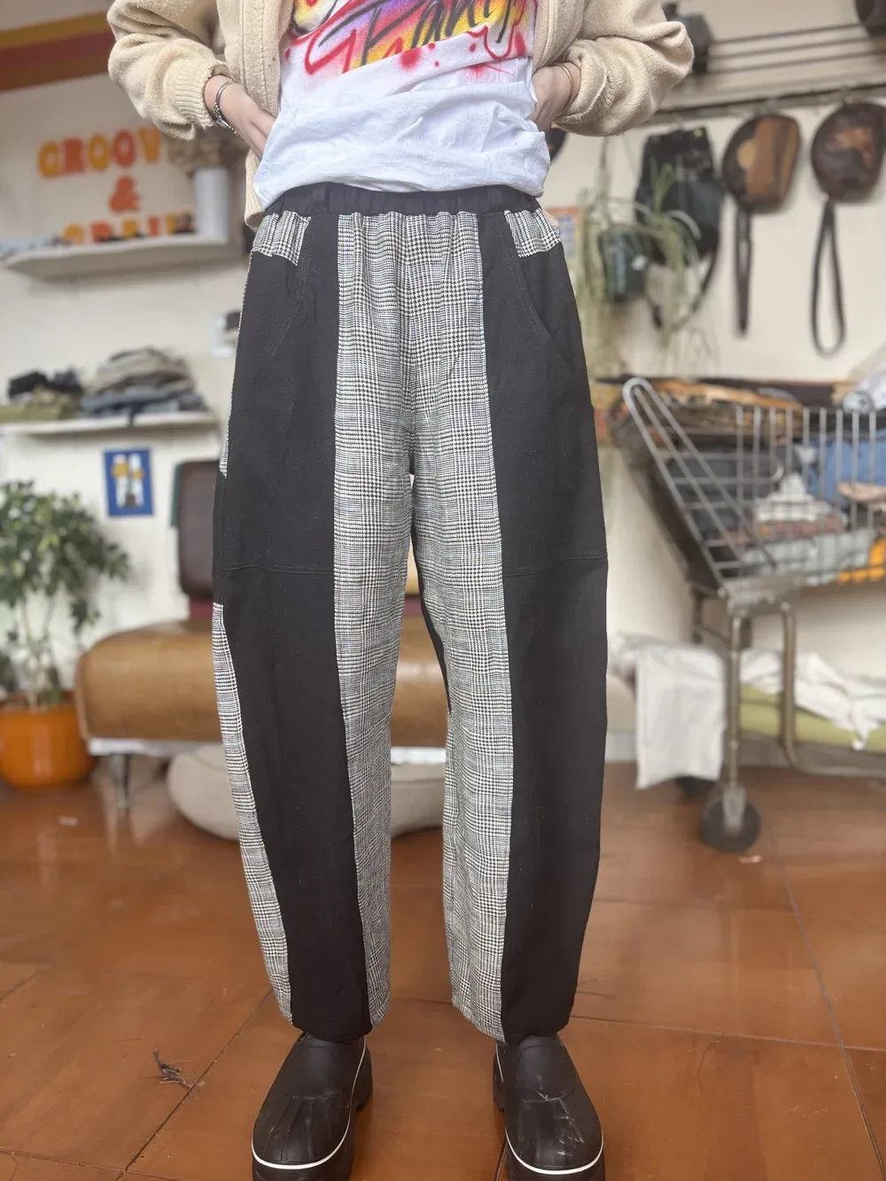 Curry Pants- Black and Plaid Linen Mix