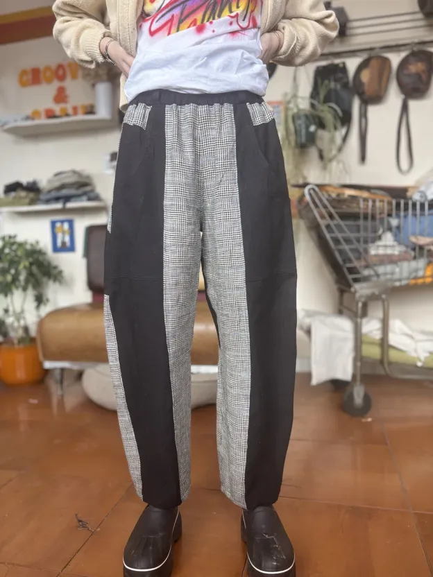 Curry Pants- Black and Plaid Linen Mix
