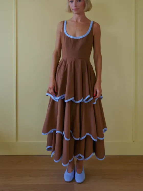The Millie Dress in Saddle Brown and Sky Blue