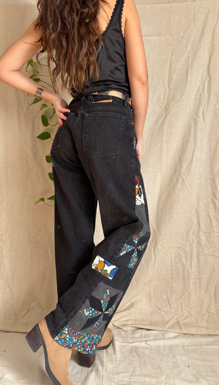 Black Floral Star & Pinwheel Jeans