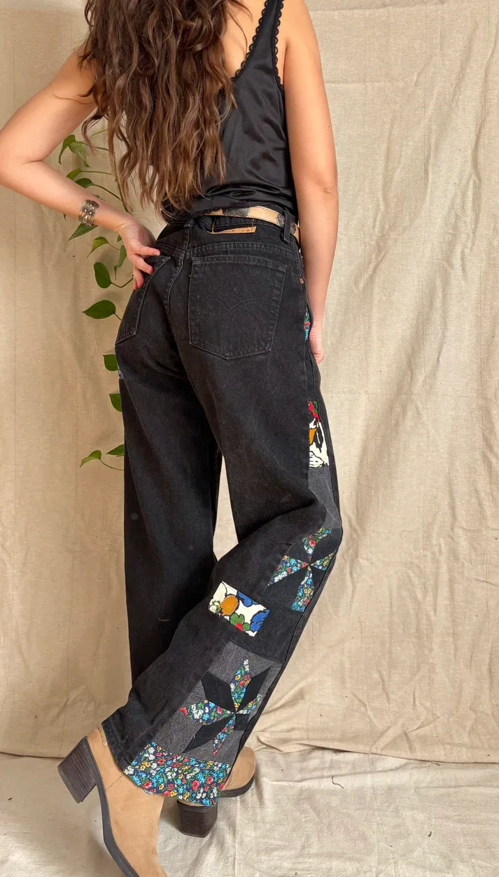 Black Floral Star & Pinwheel Jeans