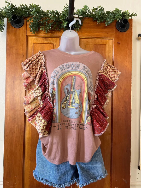 CCR Bad Moon Rising ruffle sleeves kantha tee