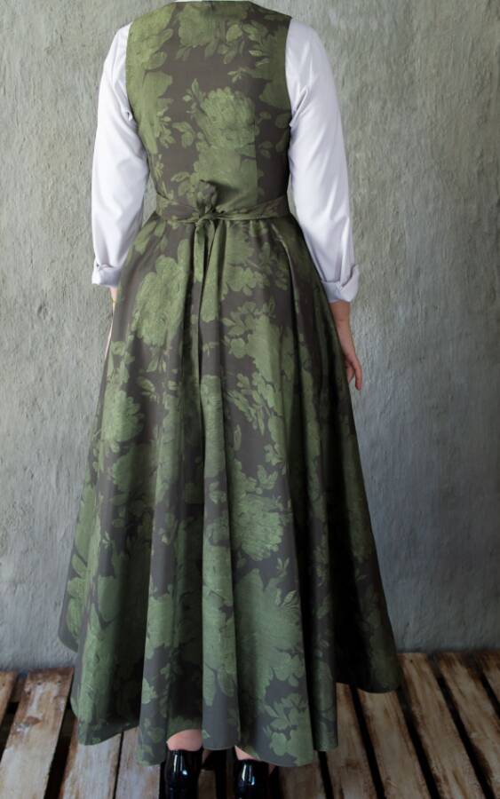 Vintage Jacquard V-Neck Pinafore Dress-Green