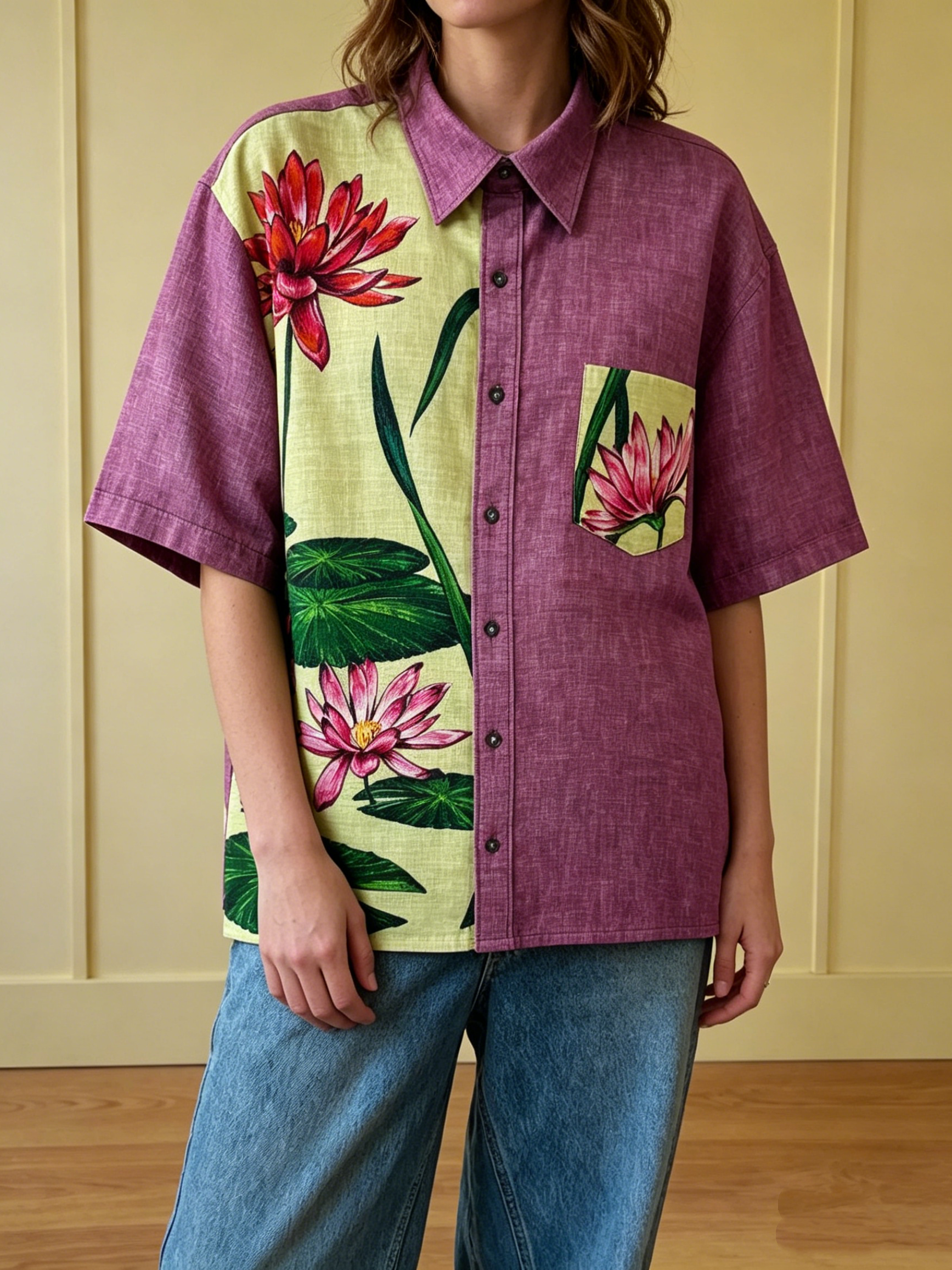 Water Lily Color‑Block Cotton Linen Short Sleeve Shirt