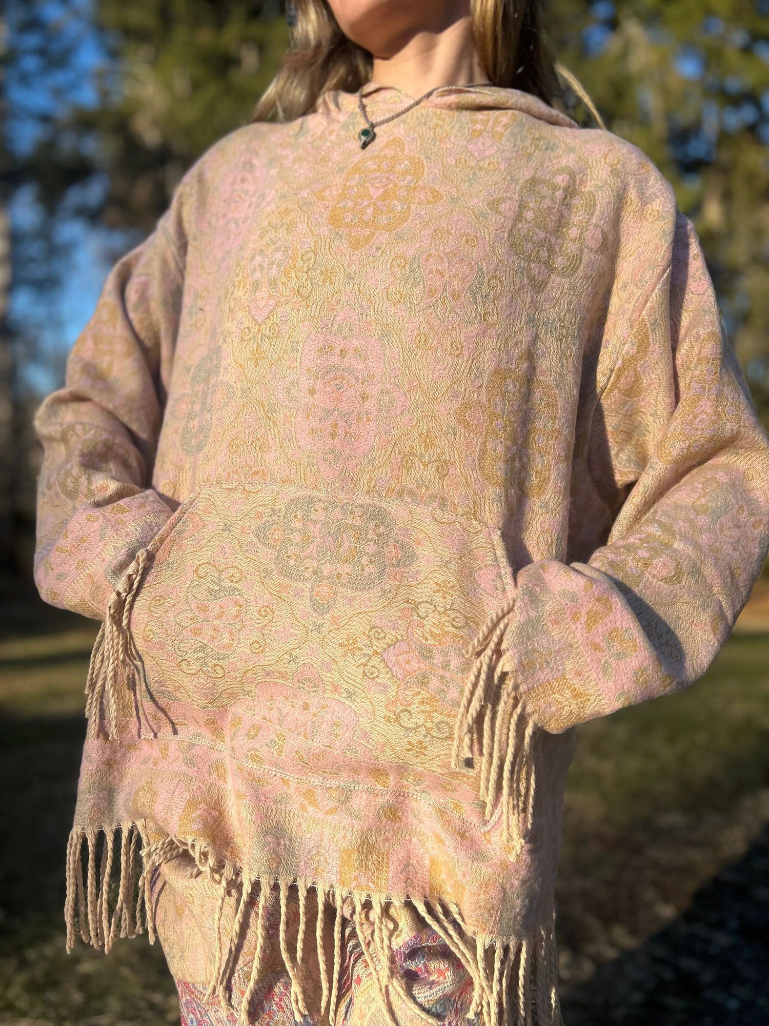 Oversized Patterned Hoodie with Fringe Trim