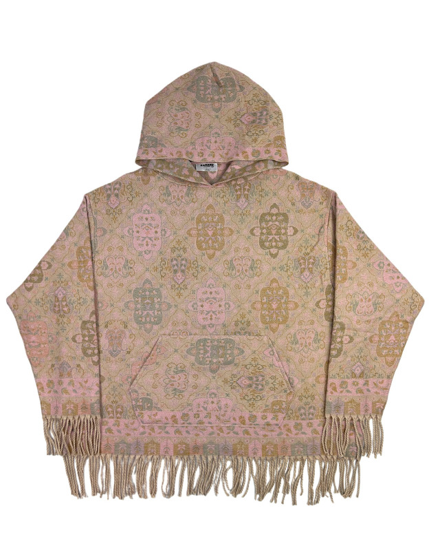 Oversized Patterned Hoodie with Fringe Trim