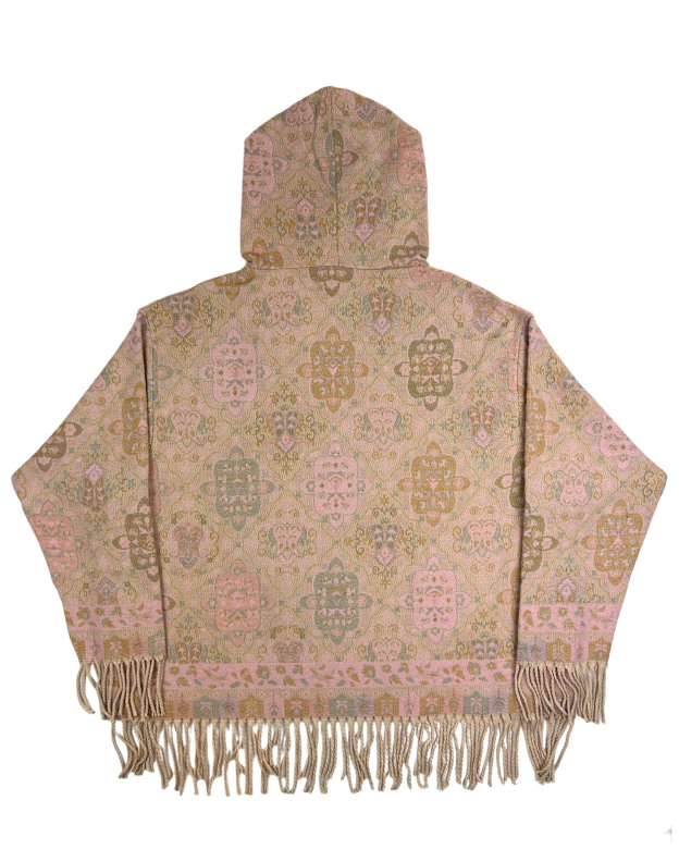 Oversized Patterned Hoodie with Fringe Trim