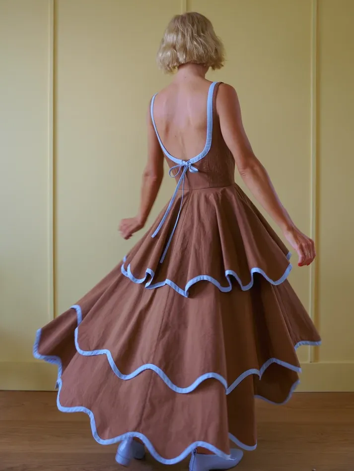 The Millie Dress in Saddle Brown and Sky Blue
