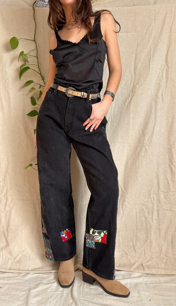 Black Floral Star & Pinwheel Jeans