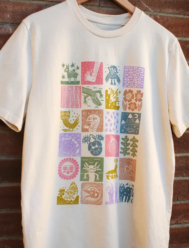 24 Tile Linocut Printed T-shirt