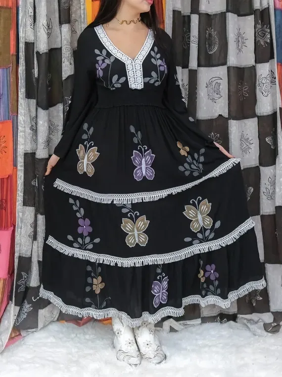 Butterfly Tiered Maxi Dress with Bell Sleeves