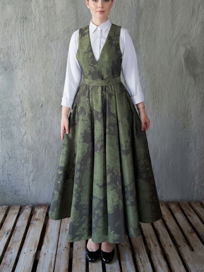Vintage Jacquard V-Neck Pinafore Dress-Green