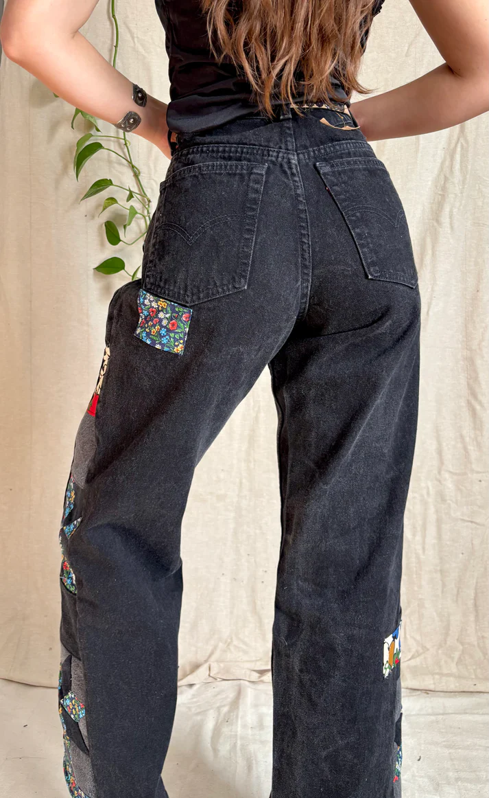 Black Floral Star & Pinwheel Jeans