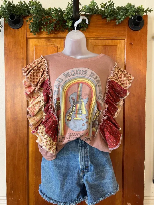 CCR Bad Moon Rising ruffle sleeves kantha tee