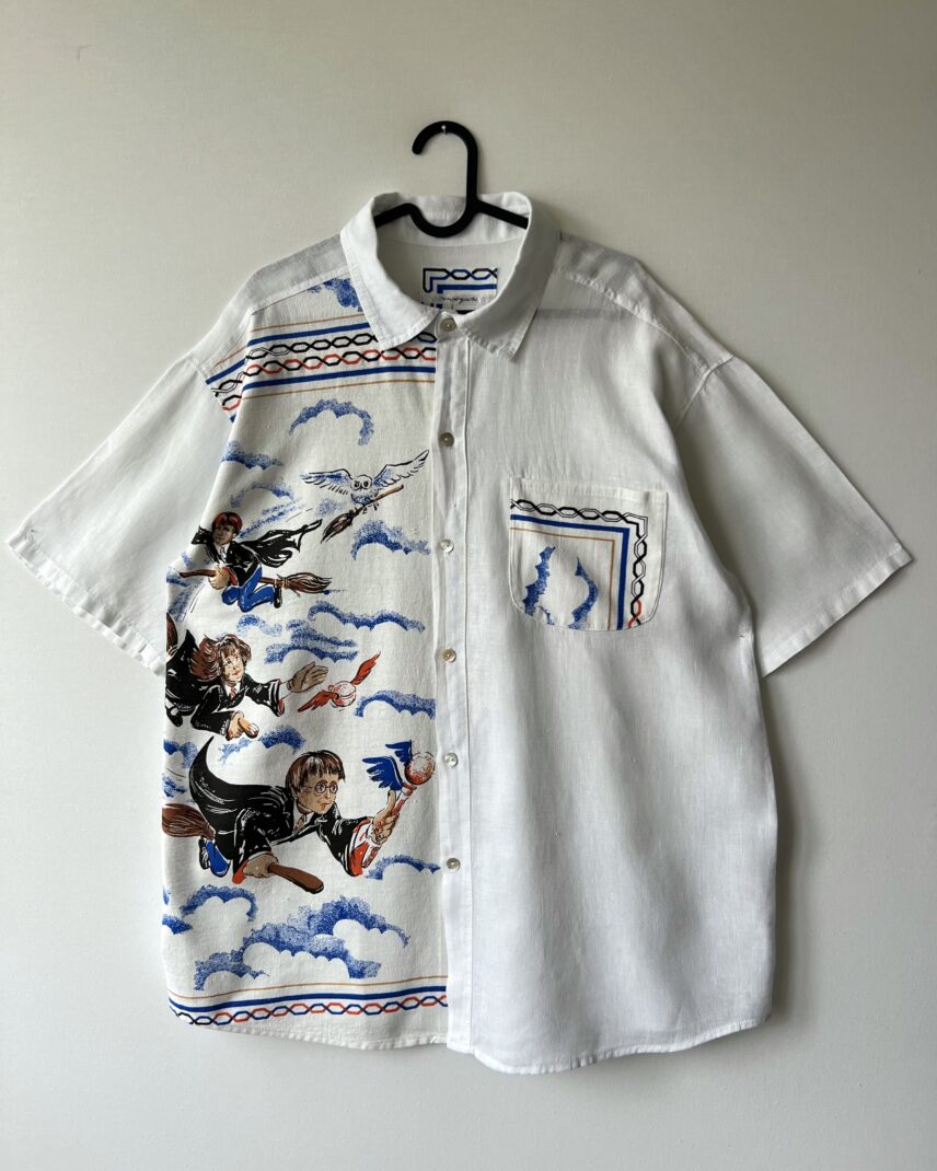 Wizard Flying Graphic Cotton Linen Short Sleeve Shirt