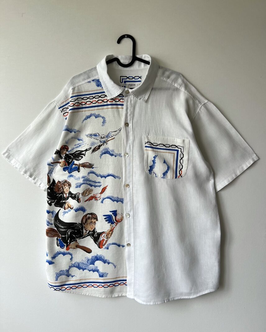 Wizard Flying Graphic Cotton Linen Short Sleeve Shirt