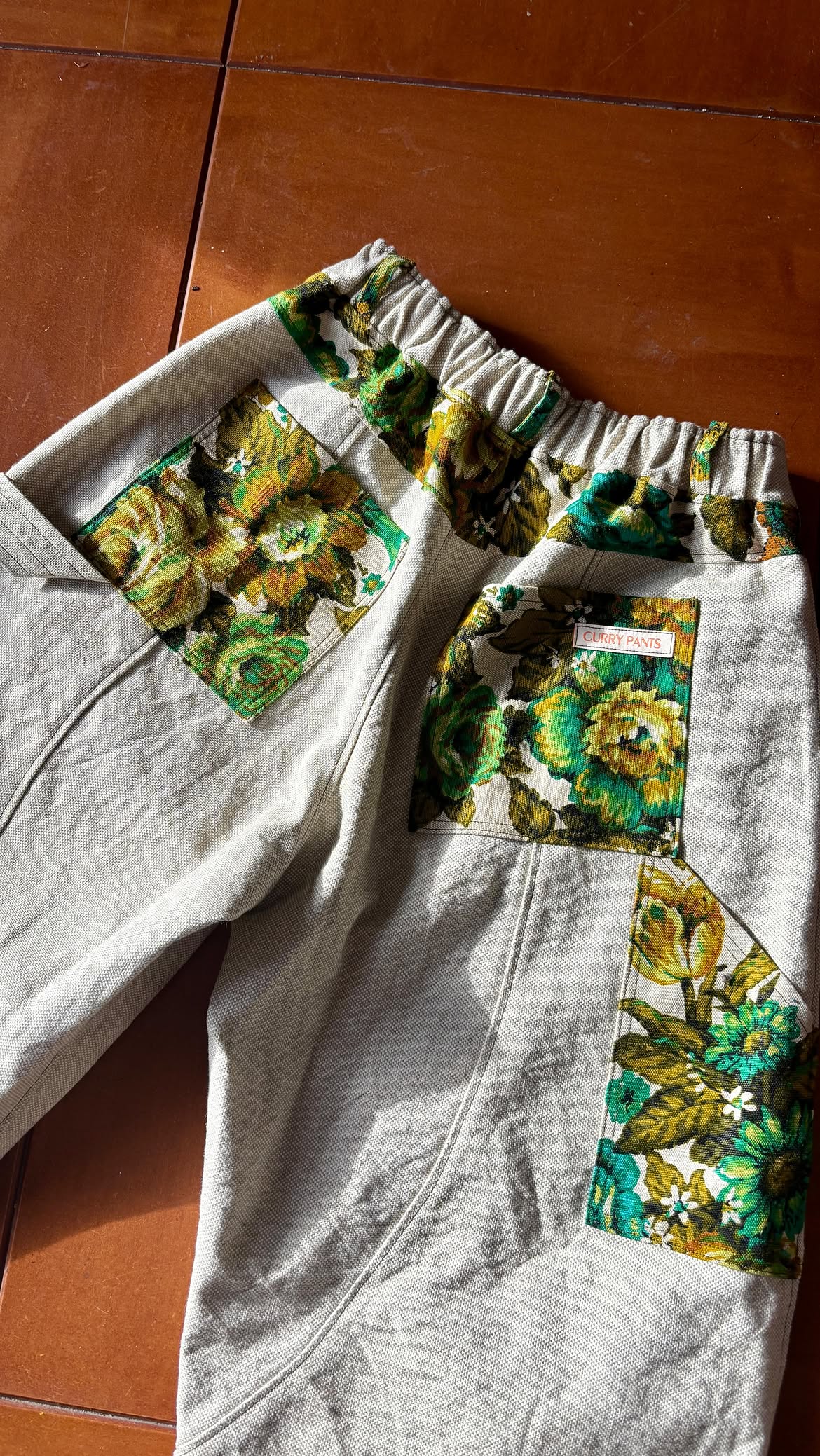 Vintage Green Floral Patchwork Elastic Waist Pants