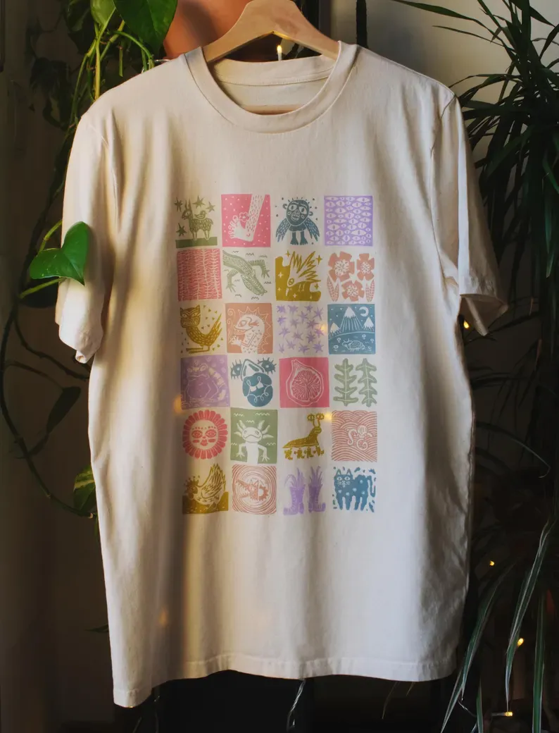 24 Tile Linocut Printed T-shirt