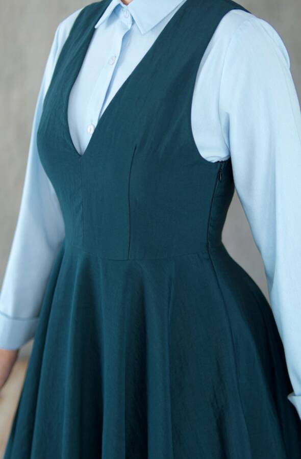 Vintage V-Neck Pinafore Dress-Blue
