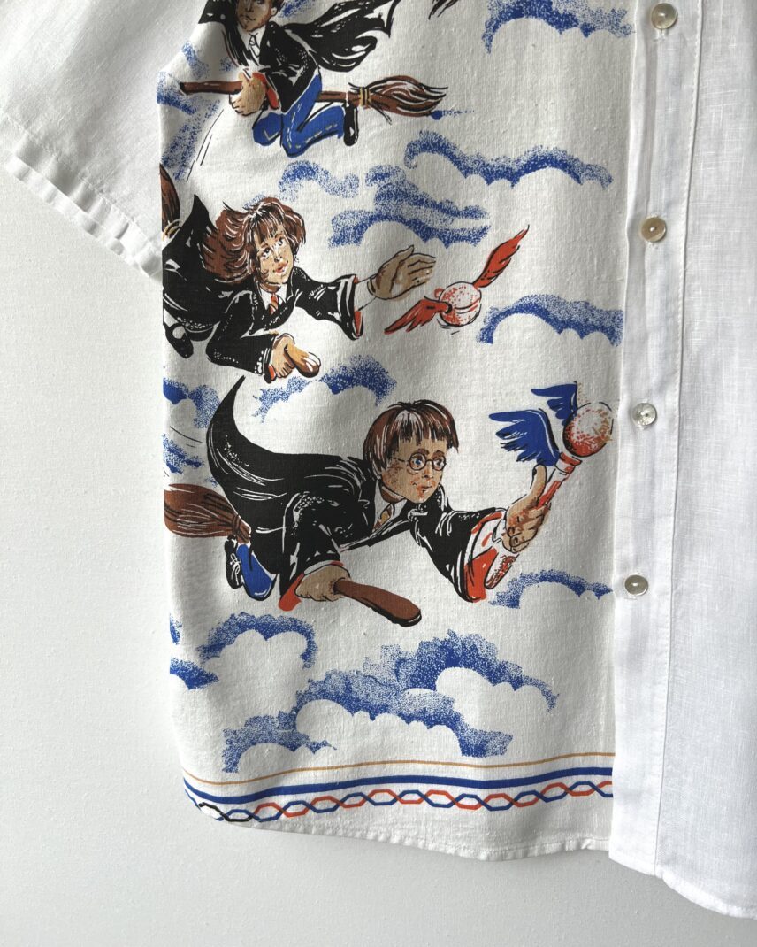 Wizard Flying Graphic Cotton Linen Short Sleeve Shirt
