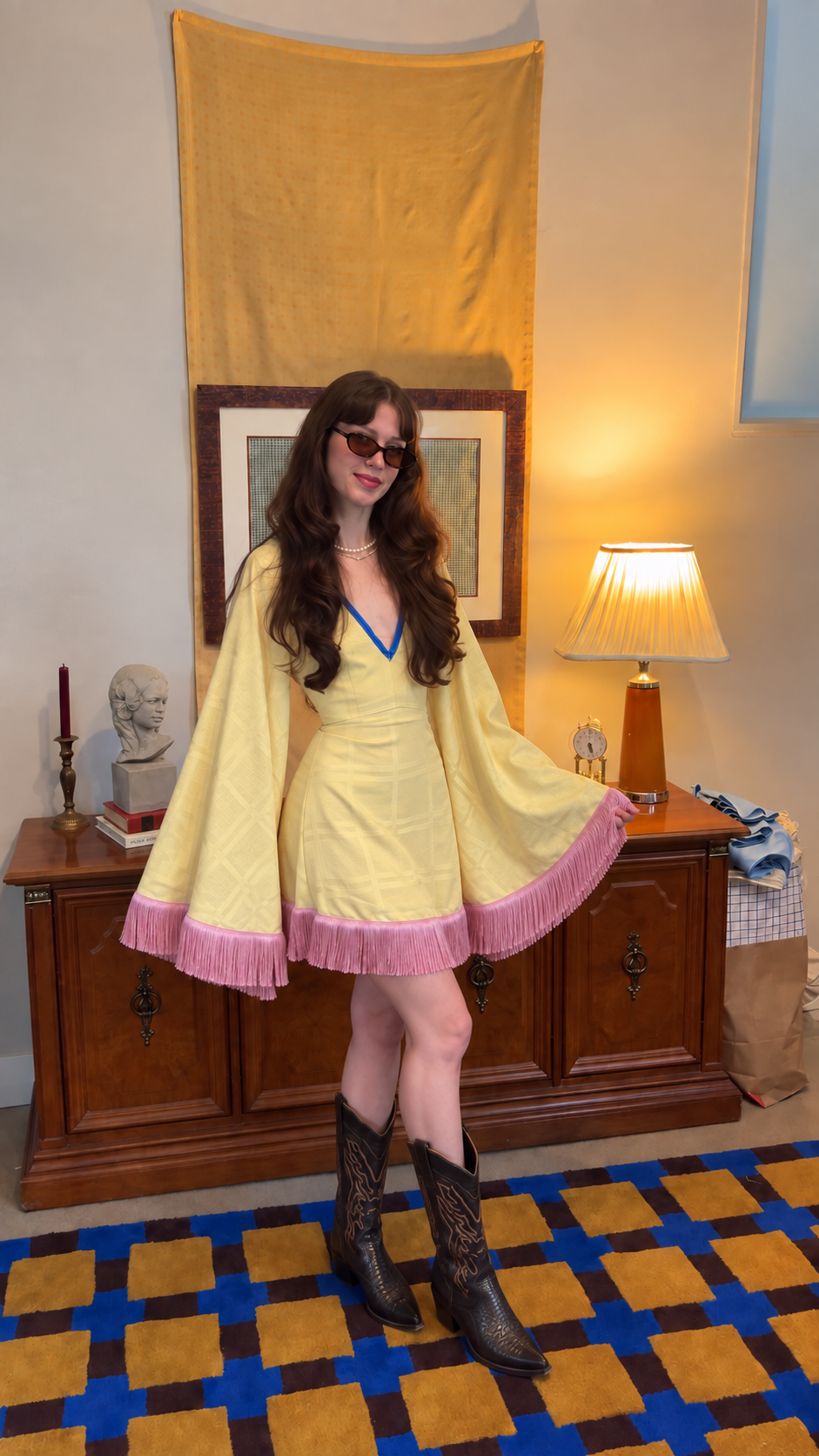Pink Fringe Bell Sleeve V-Neck Dress