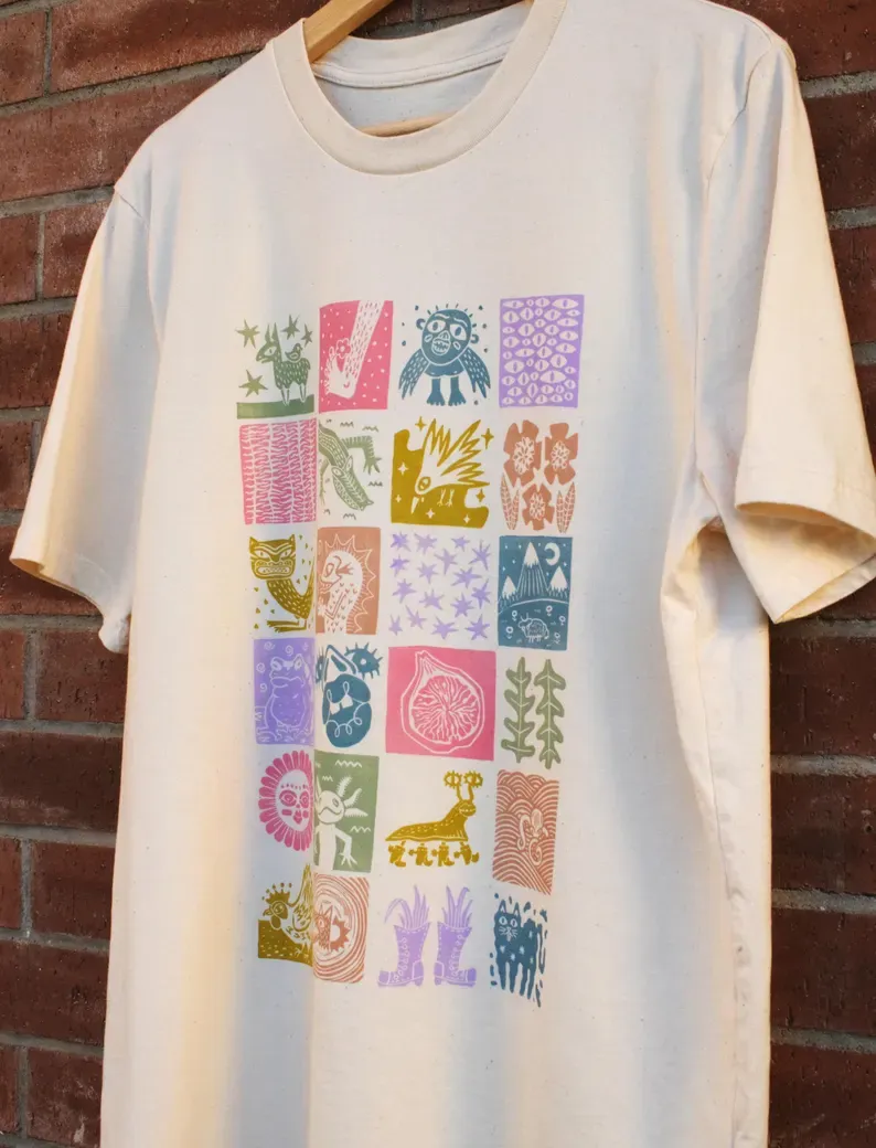 24 Tile Linocut Printed T-shirt