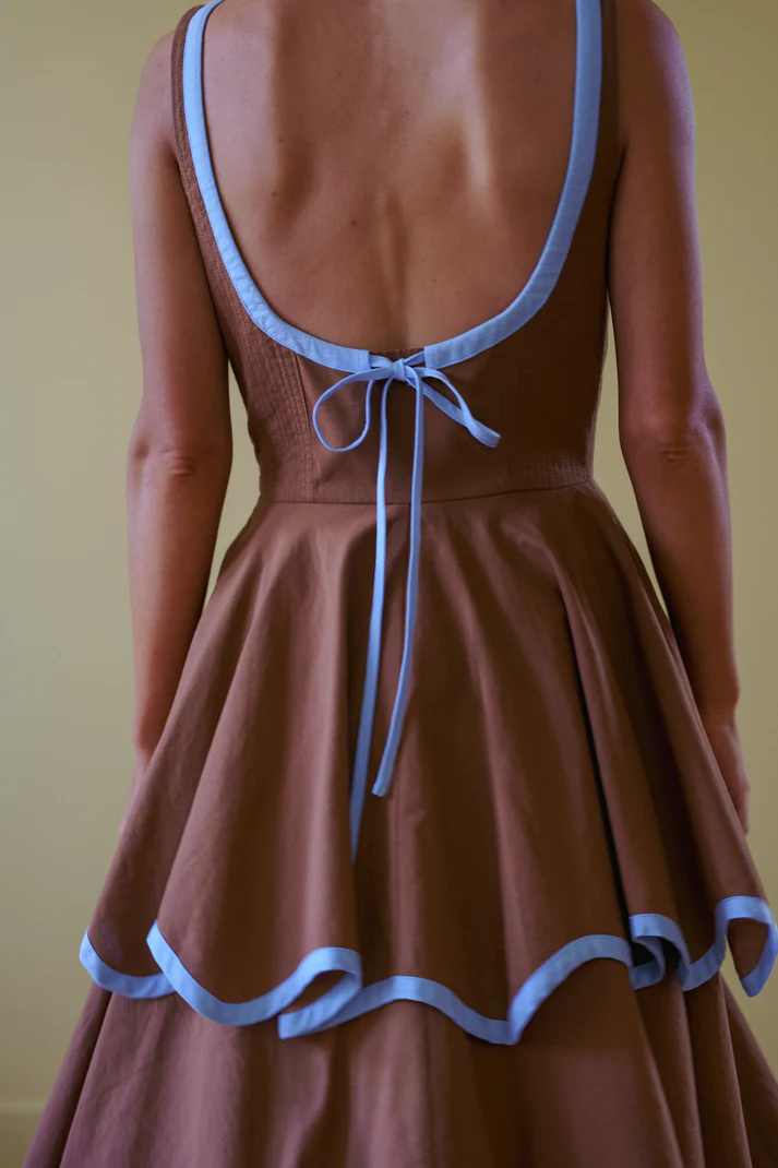 The Millie Dress in Saddle Brown and Sky Blue