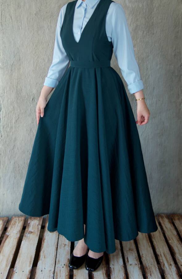 Vintage V-Neck Pinafore Dress-Blue