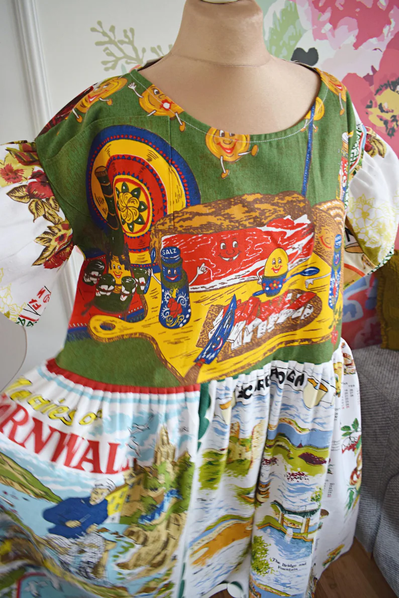 Hand‑Designed Whimsical Cartoon Landscape Patchwork Dress