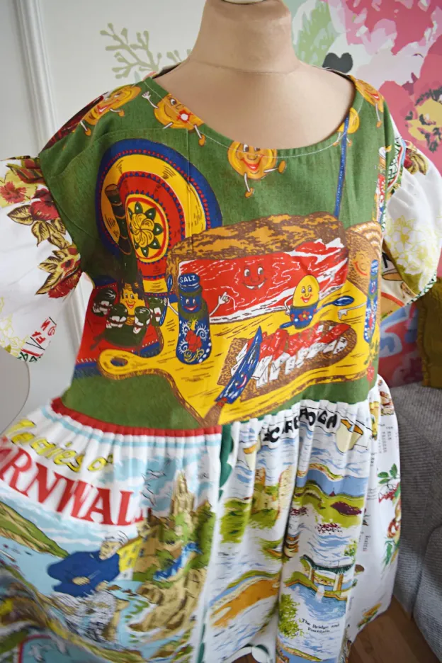 Hand‑Designed Whimsical Cartoon Landscape Patchwork Dress