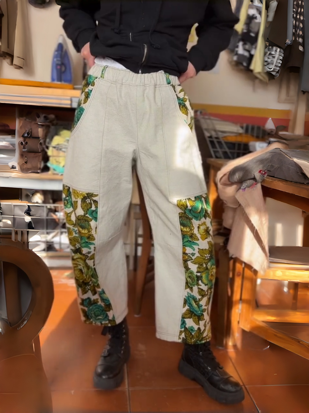 Vintage Green Floral Patchwork Elastic Waist Pants