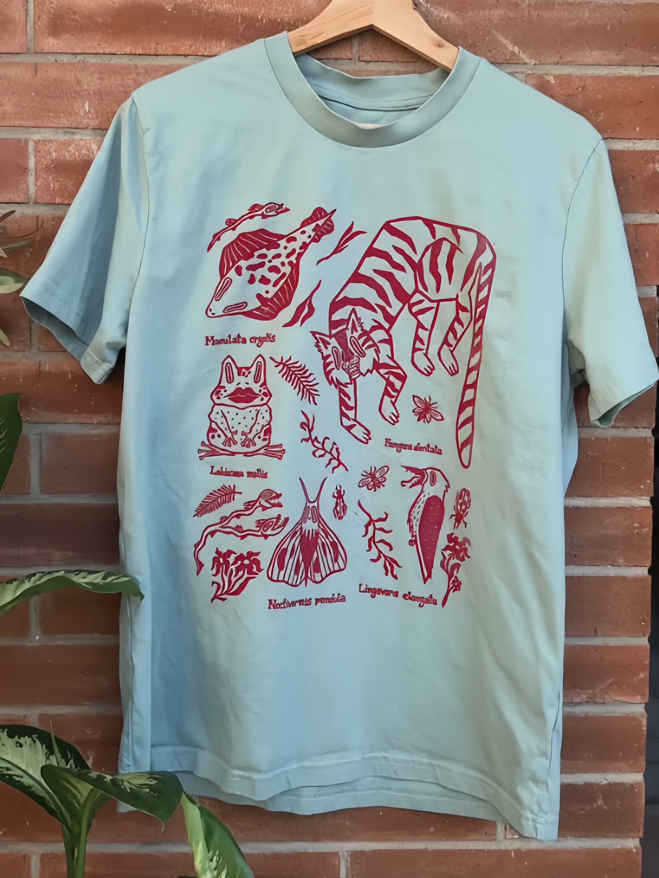 Vintage Wildlife Print Light Blue Cotton T-Shirt