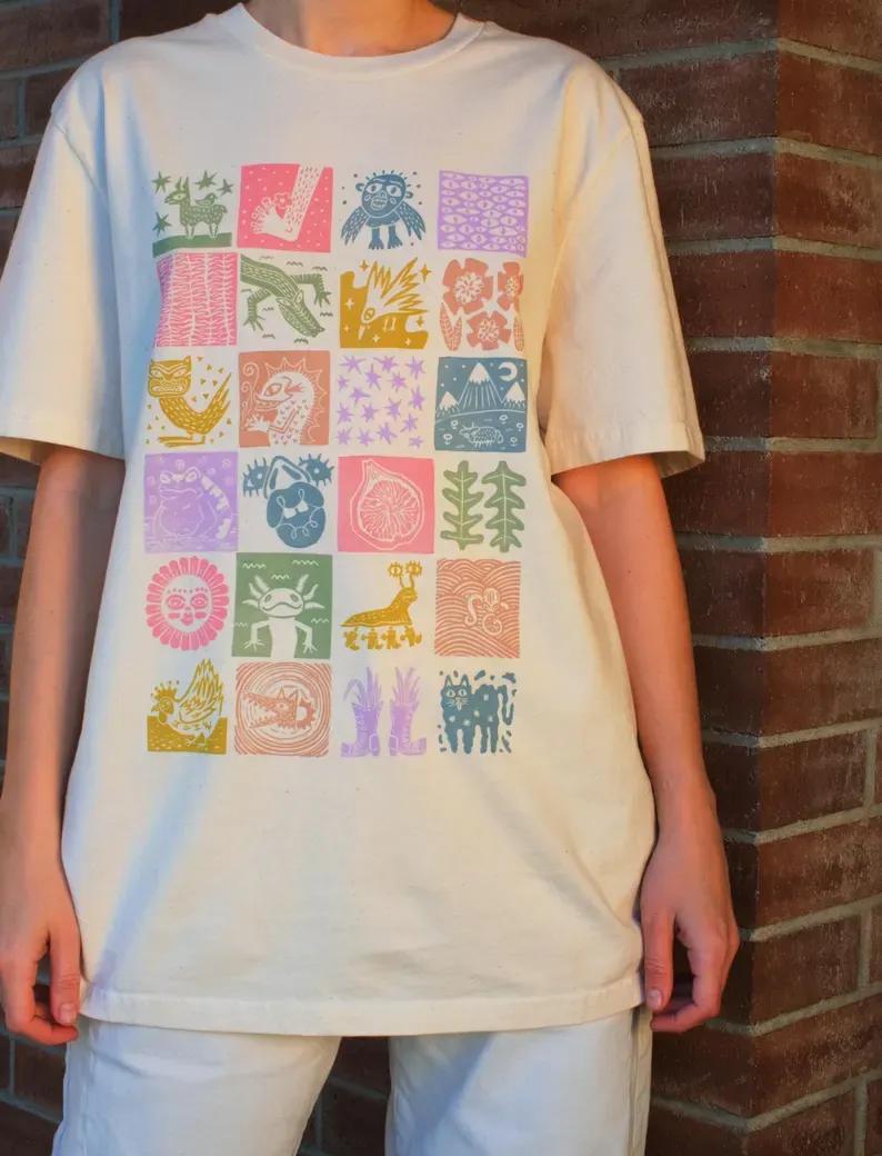 24 Tile Linocut Printed T-shirt