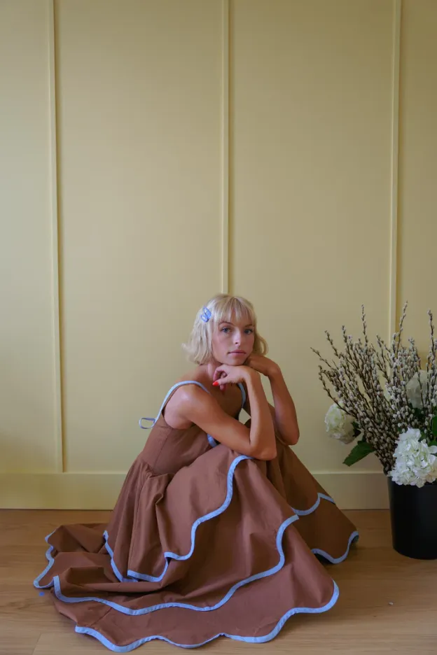 The Millie Dress in Saddle Brown and Sky Blue