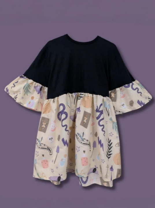 Plain Black Tee - Cream & Purple Witchy Print Smock Dress