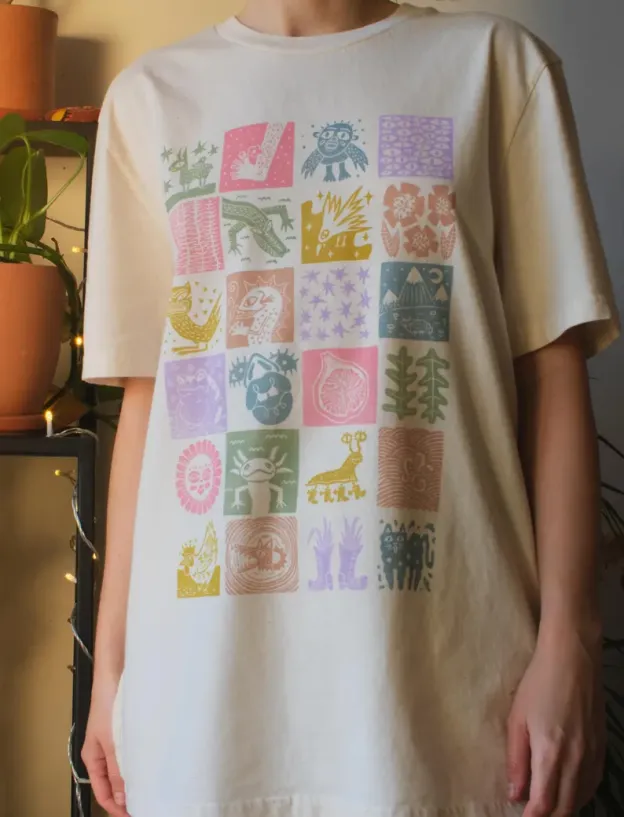 24 Tile Linocut Printed T-shirt