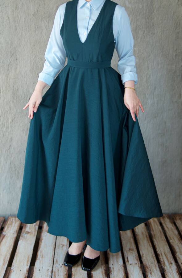 Vintage V-Neck Pinafore Dress-Blue