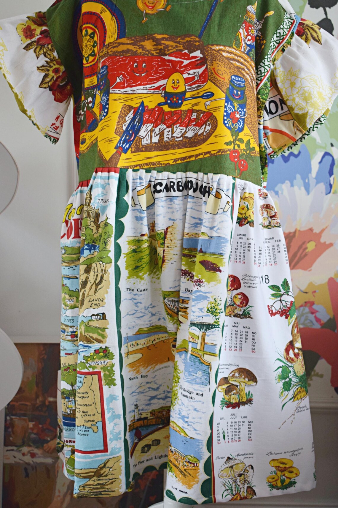 Hand‑Designed Whimsical Cartoon Landscape Patchwork Dress