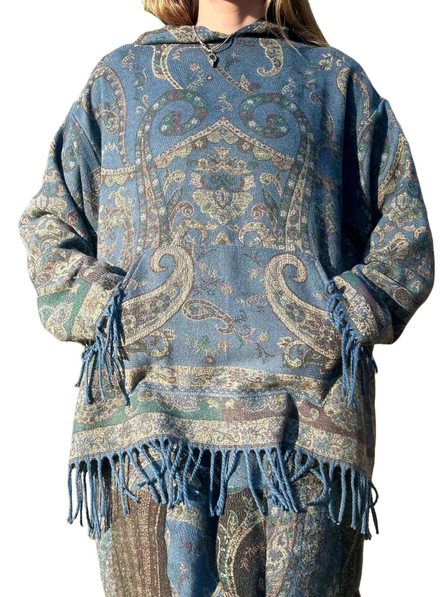 Oversized Patterned Hoodie with Fringe Trim