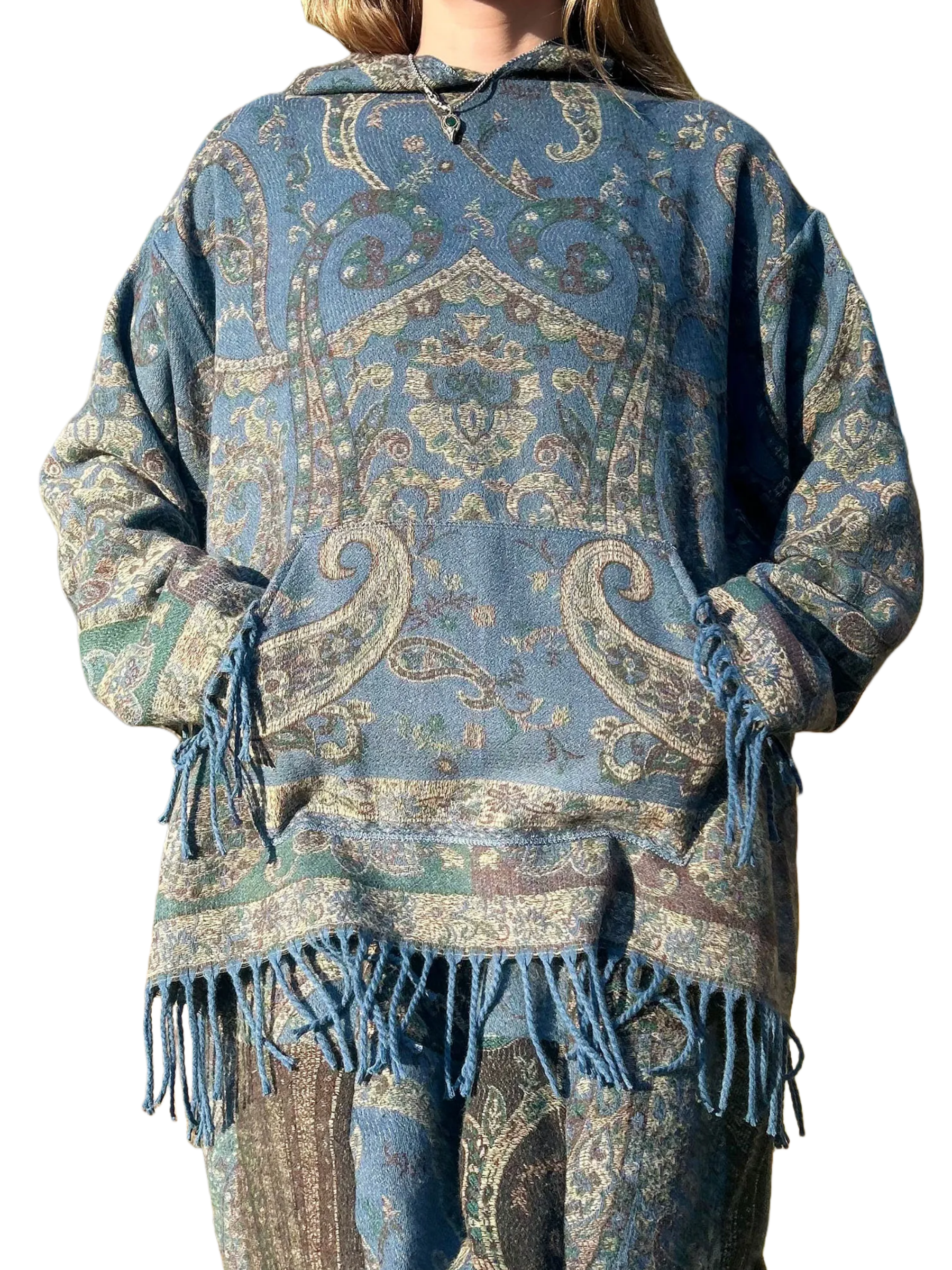 Oversized Patterned Hoodie with Fringe Trim